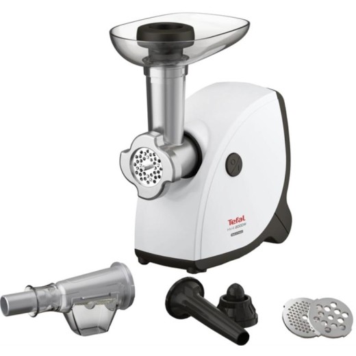 М'ясорубка Tefal HV4, 2000Вт, 2.3кг/хв, 3 решітки, насадка для ковбас, кеббе, томатів, пластик, біло-чорний