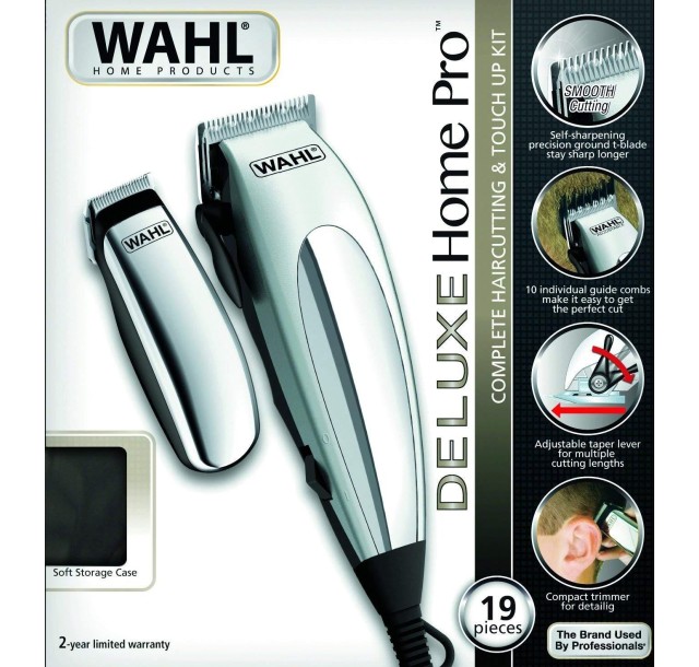 Машинка для стрижки WAHL HomePro Deluxe Combo, від мережі, вібраційний мотор, насадок-12, міні-тример у компл., сріблястий