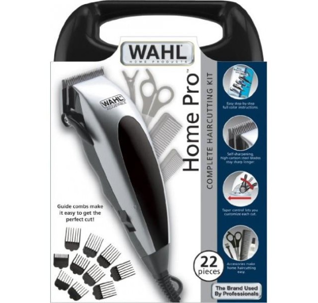 Машинка для стрижки WAHL HomePro, від мережі, вібраційний мотор, насадок-8, кейс,ножиці, гребінець в компл, сталь, чорно-сріблястий