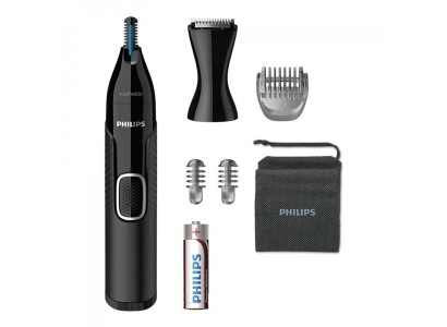 Тример Philips Series 5000, для бороди, вусів, окантовки, брови, носа та вух, 1хАА, насадок-4, чохол, сталь, чорний