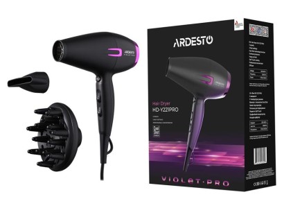 Фен Ardesto Violet PRO HD-Y221PRO ,1750-2100Вт, 2 швидкості, 3темп.режими,дифузор, чорний