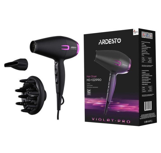 Фен Ardesto Violet PRO HD-Y221PRO ,1750-2100Вт, 2 швидкості, 3темп.режими,дифузор, чорний