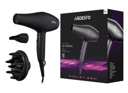 Фен Ardesto Violet PRO HD-Y222PRO, 1850-2200Вт, 2 швидкості, 3темп.режима, дифузор, чорний