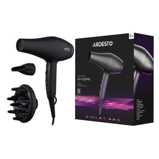 Фен Ardesto Violet PRO HD-Y222PRO, 1850-2200Вт, 2 швидкості, 3темп.режима, дифузор, чорний