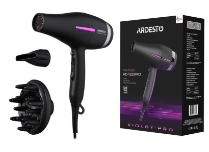 Фен Ardesto Violet PRO HD-Y223PRO, 1850-2200Вт, 2 швидкості , 3темп.режими, дифузор, чорний