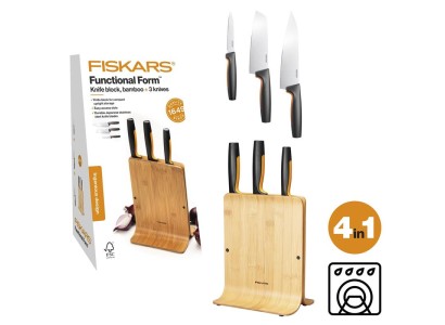 Набір ножів Fiskars Functional Form, бамбукова підставка, 3шт, нержавіюча сталь, пластик, бамбук, чорний