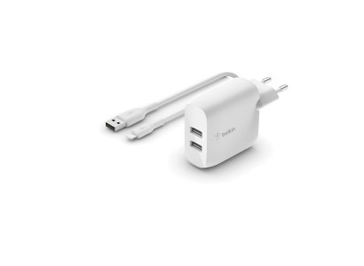 Зарядний пристрій мережевий Belkin 24Вт 2хUSB-A, кабель USB-A > Lightning, 1м, білий