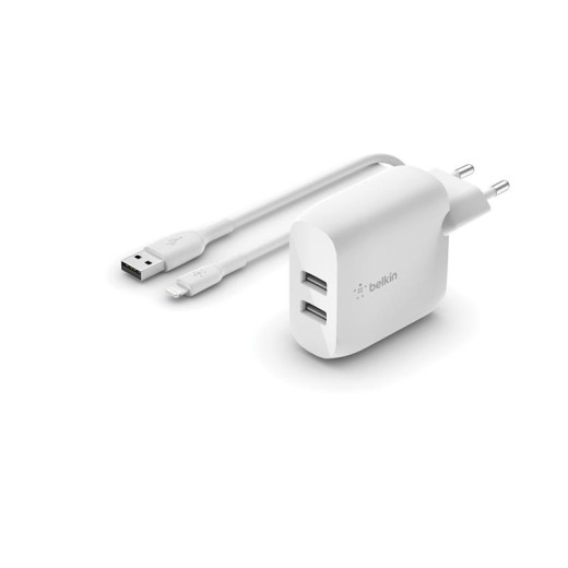 Зарядний пристрій мережевий Belkin 24Вт 2хUSB-A, кабель USB-A > Lightning, 1м, білий