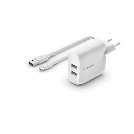 Зарядний пристрій мережевий Belkin 24Вт 2хUSB-A, кабель USB-A > USB-C, 1м, білий