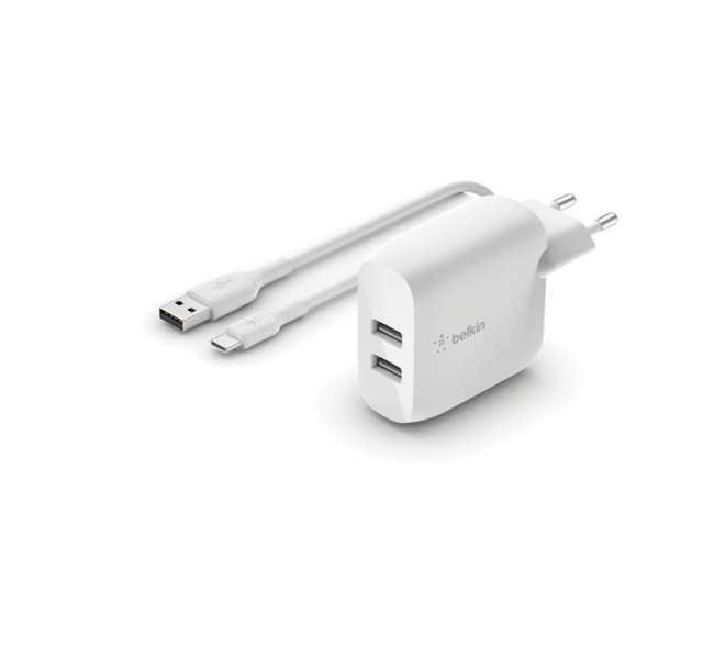 Зарядний пристрій мережевий Belkin 24Вт 2хUSB-A, кабель USB-A > USB-C, 1м, білий