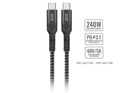 Кабель заряджання/синхронізації 2E USB-C > USB-C, 1м, 240Вт, плетений, чорний