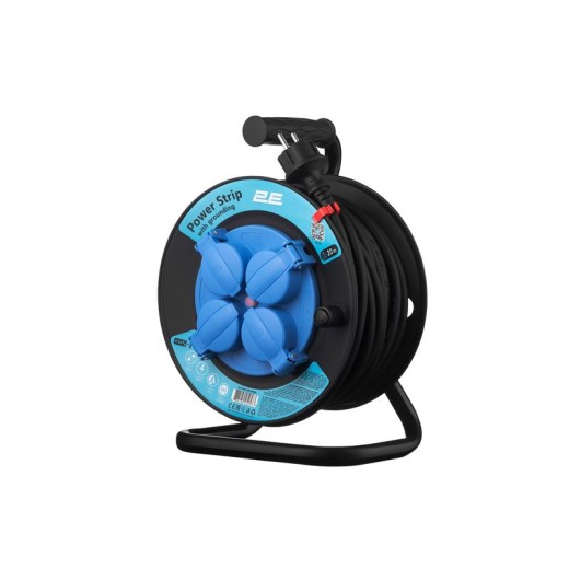 Подовжувач мережевий 2E 4хТип F, 3х1.5мм кв, 16A, на котушці, 20м, чорно-синій
