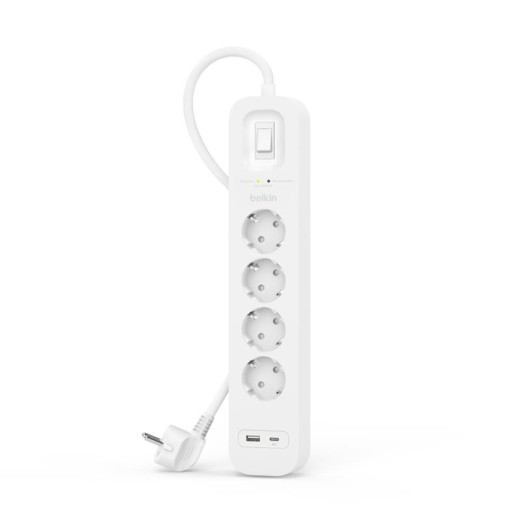 Подовжувач-фільтр мережевий Belkin 4хТип F, 3x1.5мм кв, 16А, USB-A/USB-C 18Вт, з захистом від перенапруги, 2м, білий