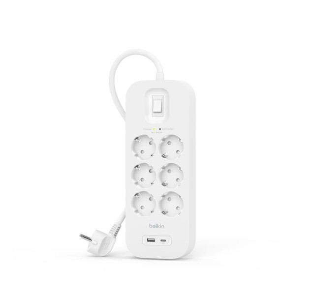 Подовжувач-фільтр мережевий Belkin 6хТип F, 3x1.5мм кв, 16А, USB-A/USB-C 18Вт, з захистом від перенапруги, 2м, білий