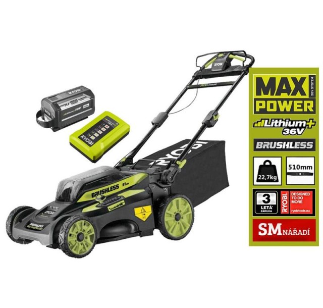 Газонокосарка акумуляторна Ryobi RY36LMX51A-160 самохідна, MAX POWER 36В, 1х6Аг, 51см, 70л, 20-70мм, , мульч-е, LED-фари, безщіткова, до 2000м.кв, 24.7кг