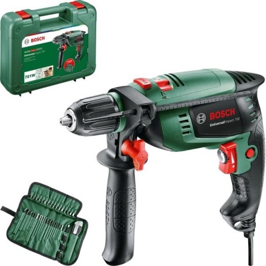 Дриль ударний Bosch UniversalImpact 700 + 39 шт, 700Вт, 3000 об/хв, ШЗП, 1.7кг, 39 насадок, кейс