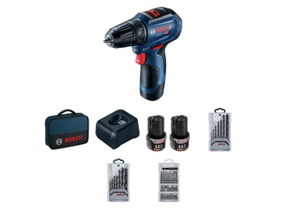 Шурупокрут-дриль акумуляторний Bosch GSR 12V-30, 12В 2х2Аг, 18/30 Нм, 20+1, 420/1600об/хв, ЗП, кейс, набір оснастки, 0.89 кг