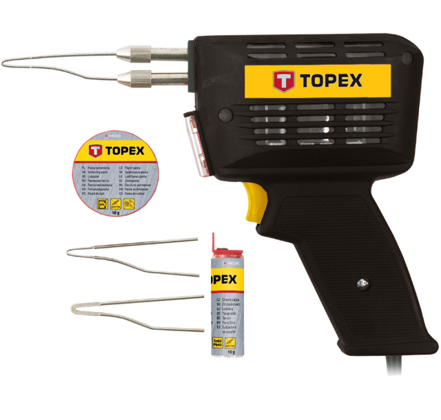 Паяльник електричний TOPEX, 150Вт, 400°C, лампочка для підсвічування, матеріал паяльника мідь, в комплекті паяльна паста 10 г, олов'яний припій, кейс