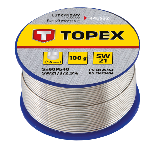 Припій олов'яний TOPEX, Sn60Pb40, флюс SW21, дріт 1.5 мм, 100 г