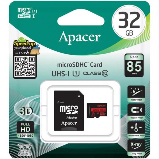 Карта пам'яті Apacer microSD  32GB C10 UHS-I R85MB/s + SD