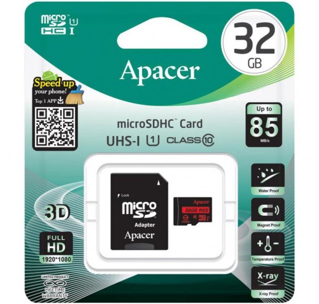 Карта пам'яті Apacer microSD  32GB C10 UHS-I R85MB/s + SD