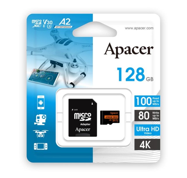 Карта пам'яті Apacer microSD 128GB C10 UHS-I U3 A2 R100/W80MB/s + SD
