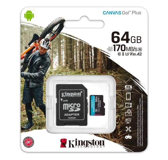 Карта пам'яті Kingston microSD   64GB C10 UHS-I U3 A2 R170/W70MB/s + SD