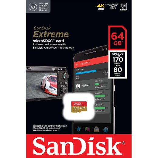 Карта пам'яті SanDisk microSD   64GB C10 UHS-I U3 R170/W80MB/s Extreme V30