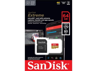 Карта пам'яті SanDisk microSD   64GB C10 UHS-I U3 R170/W80MB/s Extreme V30 + SD