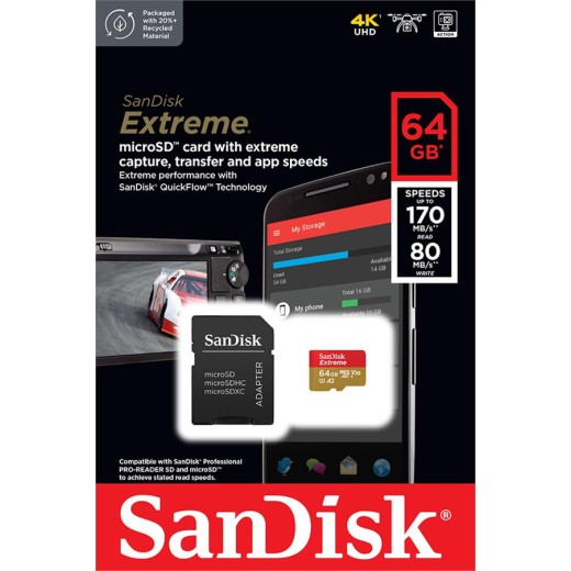 Карта пам'яті SanDisk microSD   64GB C10 UHS-I U3 R170/W80MB/s Extreme V30 + SD