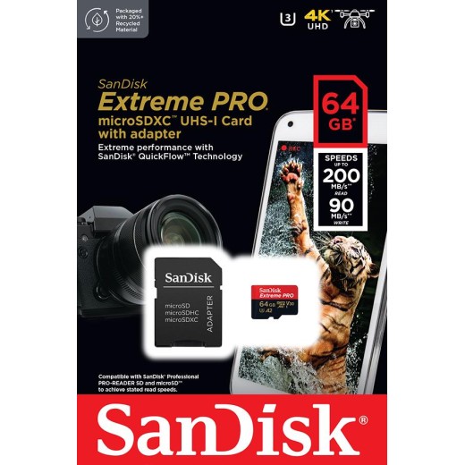 Карта пам'яті SanDisk microSD   64GB C10 UHS-I U3 R200/W90MB/s Extreme Pro V30 + SD