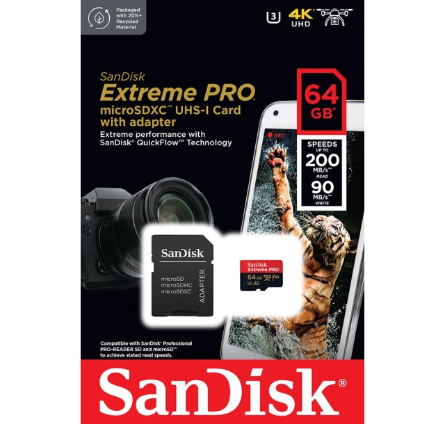 Карта пам'яті SanDisk microSD   64GB C10 UHS-I U3 R200/W90MB/s Extreme Pro V30 + SD