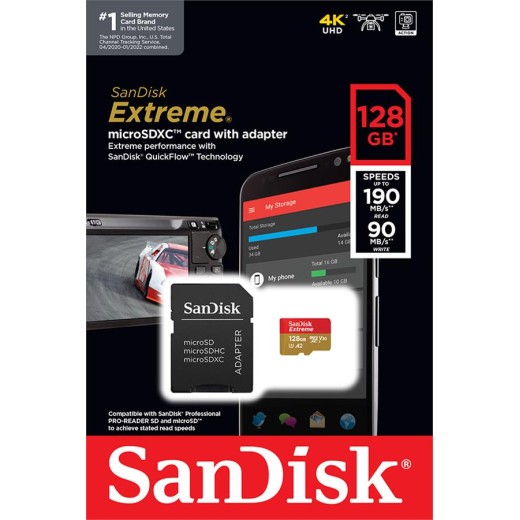 Карта пам'яті SanDisk microSD  128GB C10 UHS-I U3 R190/W90MB/s Extreme V30 + SD