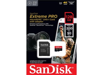 Карта пам'яті SanDisk microSD  128GB C10 UHS-I U3 R200/W90MB/s Extreme Pro V30 + SD