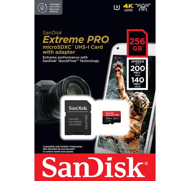 Карта пам'яті SanDisk microSD  256GB C10 UHS-I U3 R200/W140MB/s Extreme Pro V30 + SD