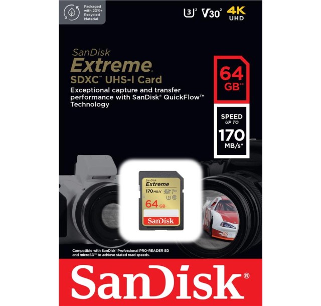 Карта пам'яті SanDisk SD   64GB C10 UHS-I U3 R170/W80MB/s Extreme V30