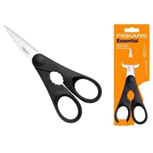 Ножиці кухонні Fiskars Essential, з відкривачкою для пляшок, 20см, нержавіюча сталь, пластик, чорний