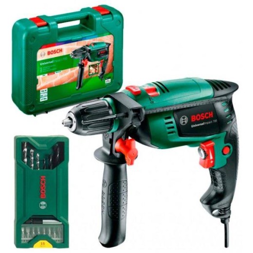 Дриль ударний Bosch UniversalImpact 700 X-line, 700Вт, ШЗП 13мм, 3000об•хв, 1.7кг, набір свердл і біт, кейс