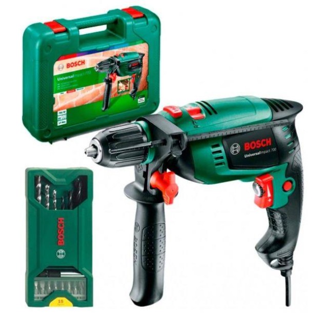 Дриль ударний Bosch UniversalImpact 700 X-line, 700Вт, ШЗП 13мм, 3000об•хв, 1.7кг, набір свердл і біт, кейс