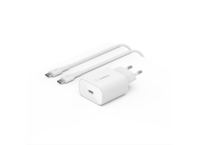 Зарядний пристрій мережевий Belkin 25Вт USB-С PD PPS, кабель USB-С > USB-C, 1м, PVC, білий