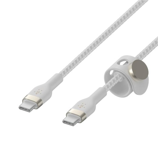 Кабель USB-C > USB-C заряджання/синхронізації Belkin, 1м, 60Вт, Type-C, плетений, силіконовий, з ремінцем на магніті, білий