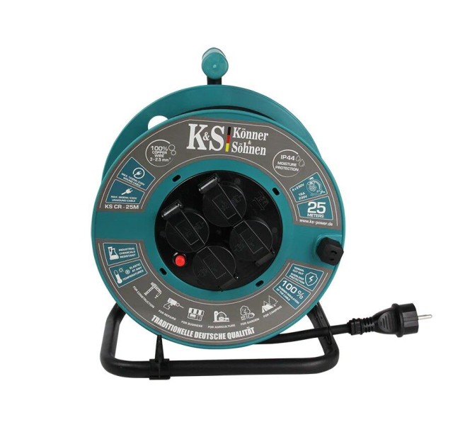 Подовжувач мережевий Konner&Sohnen KSCR-25M KS 2E 4хТип F, 3х2.5мм кв, 16A, на котушці, 25м, зелений