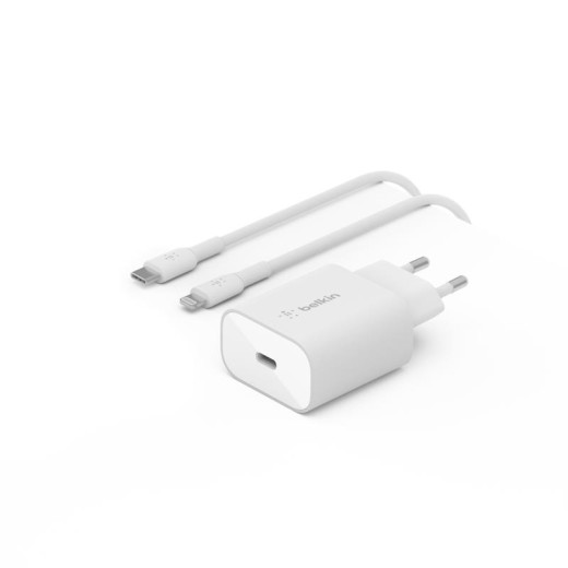 Зарядний пристрій мережевий Belkin 25Вт USB-С PD PPS, кабель USB-С > Lightning, 1м, PVC, білий