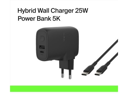 Зарядний пристрій мережевий Belkin 25Вт USB-С PD, PowerBank 5000мА·год, кабель USB-C > USB-C, 1м, чорний