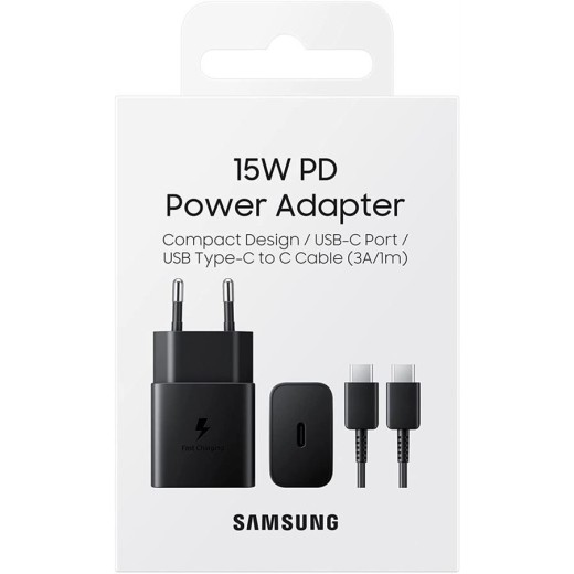 Зарядний пристрій мережевий Samsung 15Вт USB-С, кабель USB-C > USB-C, 1м, чорний