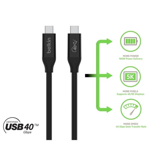 Кабель USB-C > USB-C заряджання/синхронізації Belkin 0.8м, 100Вт, Type-C, USB4, 40Гбс, чорний