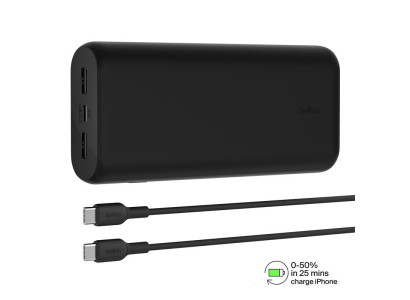 Акумулятор портативний літій-іонний Power Bank Belkin 20000мА·год, 20Вт, 2хUSB-A/USB-C, чорний