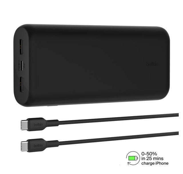 Акумулятор портативний літій-іонний Power Bank Belkin 20000мА·год, 20Вт, 2хUSB-A/USB-C, чорний