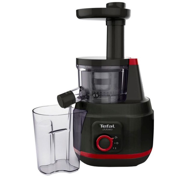 Соковитискач Tefal Juiceo шнековий 150Вт, чаша-0.8л, жмих-0.8л, насадка для цитрусових, пластик, червоно-чорний