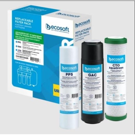 Комплект картриджів Ecosoft 1-2-3 для осмосу Absolute (поліпропілен+GAC+AquaGreen)